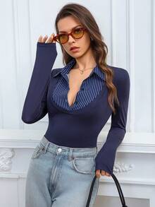 Women's Fashion Sexy Elegant Bombshell Bodysuit, Slim Fit Collared Button Design Striped Color Block, Versatile For Commute And Casual Wear, Chic Street Style - Navy Blue - View 5