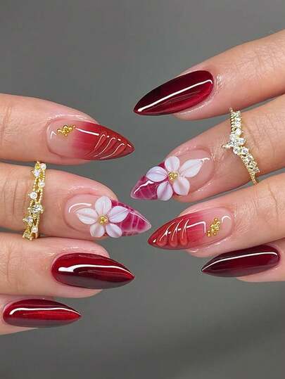 24 piezas/Set de uñas postizas con forma de almendra francesa elegantes en tono borgoña con efecto tie-dye ondulado, decoradas con flores blancas y perlas doradas. Incluye esmalte de gel y lima de uñas, adecuado para uso diario, fiestas y tardes de té al aire libre de chicas/señoras