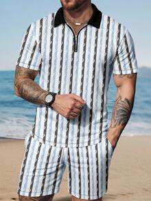 Men's Casual Striped Zip-Up Polo Shirt & Shorts Set, Summer - Multicolor - View 1