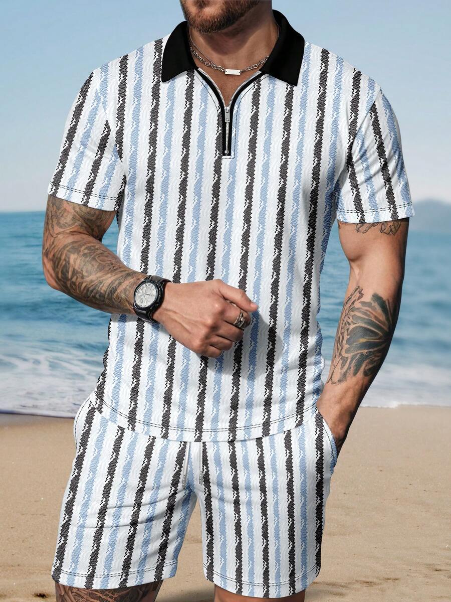Men's Casual Striped Zip-Up Polo Shirt & Shorts Set, Summer - Multicolor - View 1