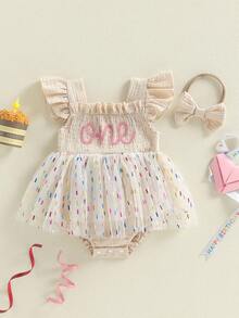 Baby Girl 1st Birthday Clothes One Year Old Tulle Romper Flying Sleeve Bodysuit Cake Smash Outfits - 卡其色 - 查看 4