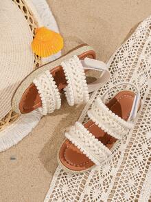 1双女童双带编织复古简约时尚沙滩凉鞋，适合夏季度假 - 杏色 - 查看 14