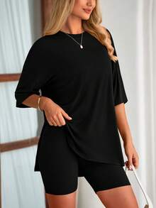 PRETTYGARDEN Women's Summer Clothes 2 Piece Sets Lounge Set Casual Oversized Shirts Biker Shorts Matching Airport Travel Sweatsuit Set Women Vacation Outfit Black Summer Brunch Outfits For Women - 黑色 - 查看 3