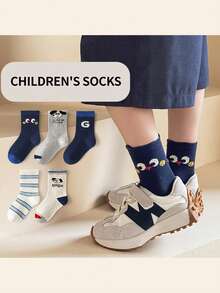 5双装儿童可爱小狗图案运动袜，简约设计，适合户外活动，透气舒适，适合学生，春夏款 - 藏蓝色 - 查看 3