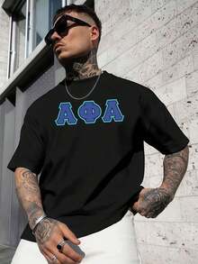 Camiseta negra para hombre con estampado de letras griegas, tejido de alta calidad, cuello redondo, ajuste cómodo, diseño gráfico. - Negro - Ver 1