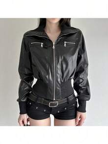 Chaqueta de trabajo de estilo oscuro retro de piel con parches, chaqueta versátil con cintura ajustable para mujer para otoño e invierno - Negro - Ver 3