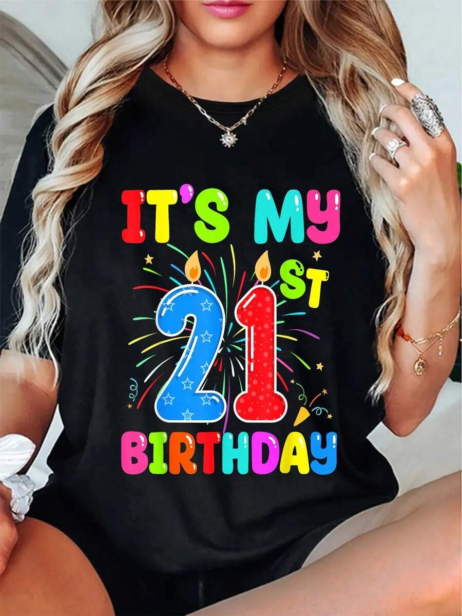 Women's 21st Birthday Shirt - Sparkling Number 21 & Balloon Design Short Sleeve Tee, 21st Birthday Party Outfit, Casual Round Neck T-Shirt For 21 Year, Machine Washable Milestone Gift - màu đen - Xem 1