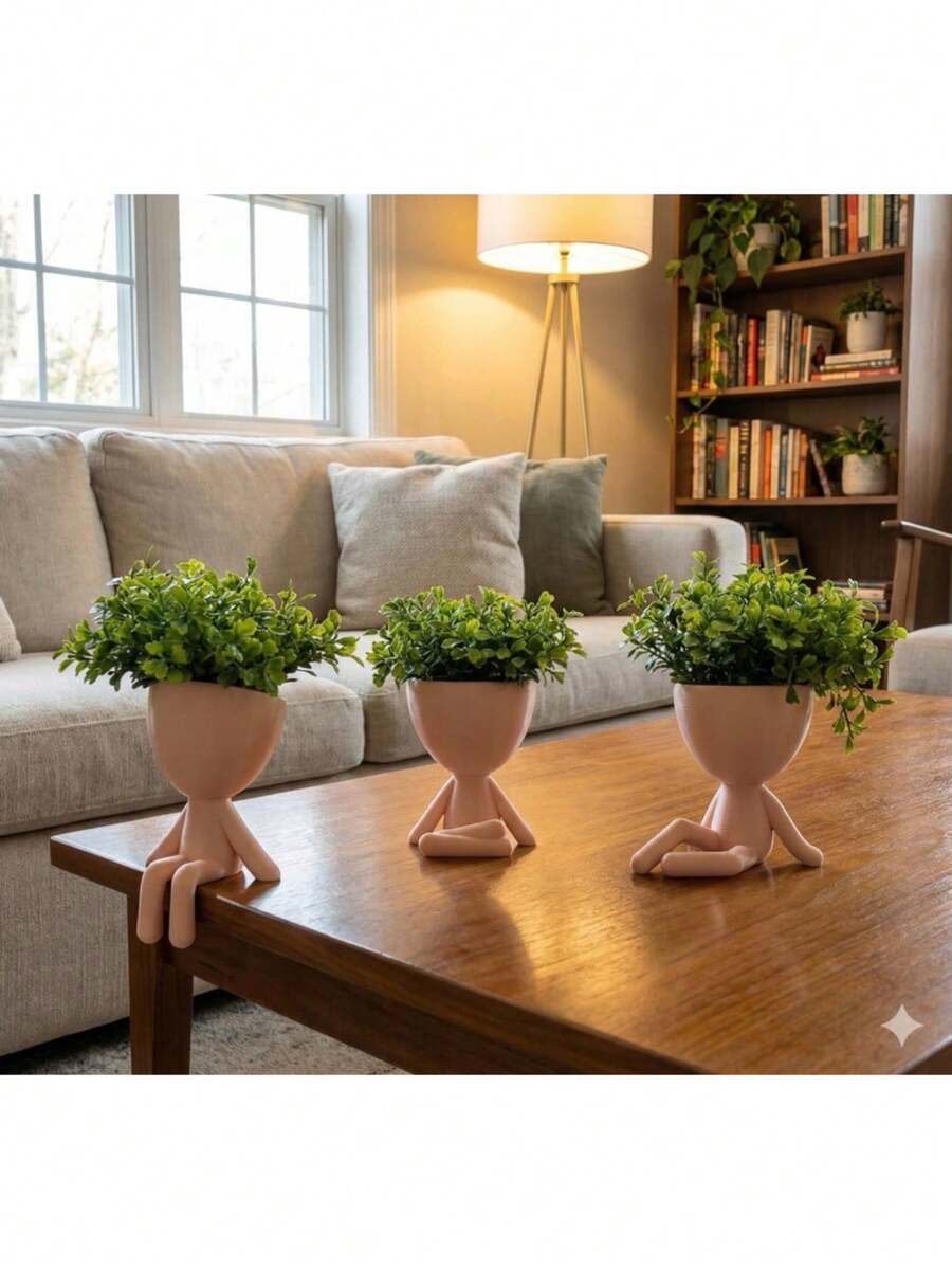 Set Of 3 Mini Vases With Artificial Bob Robert Flowers For Decoration, Mini Plastic Vase Size 6 Cm - 鏽棕色 - 查看 1