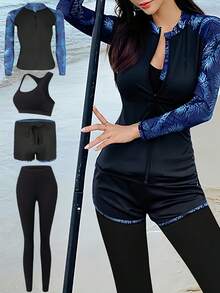 4pcs/Set Women's Exotic Style Sports Swimwear, Quick-Dry Surfing Swimwear, Spa Swimwear, Diving Suit - Black - View 9