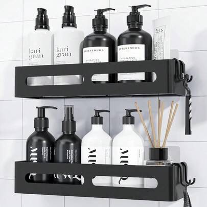 Shower Storage - 2-Pack, No Drilling Shower Shelf With Large Capacity, Self-Adhesive Shower Caddy With 4 Removable Hooks, Black, 33.5 X 12.0 X 5.5 Cm