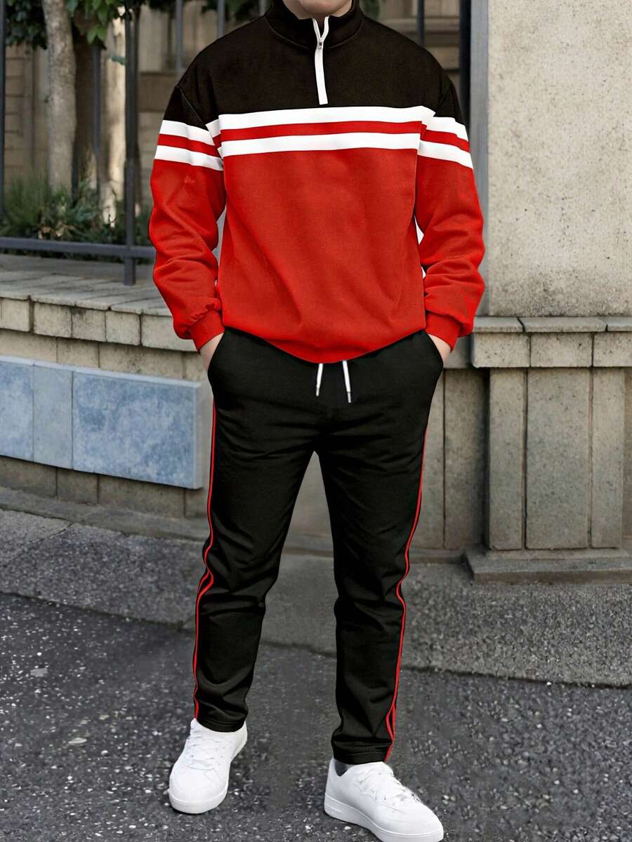 Men's Fashion Color Block Patchwork Zipper Sweatshirt And Pants Set - Red - View 1
