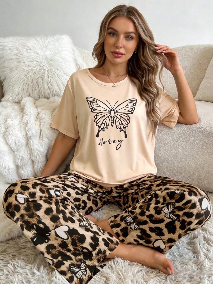 Women's Butterfly & Leopard Print Pajama Set, Short Sleeve Top And Long Pants, Fashionable New Round Neck Pullover Lightweight Sleepwear, Suitable For Spring/Summer - Apricot - View 1