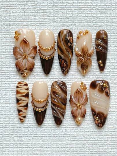 Elegant Y2K Press On Nails Almond Long 10Pcs - French Tip With Brown Gradient Florals 3D Starfish& Crystal Gold Necklace Water Drops - Mermaid's Feast Nail Art Kit Reusable With Nail Glue & File - Goth Halloween Christmas Nail Supplies