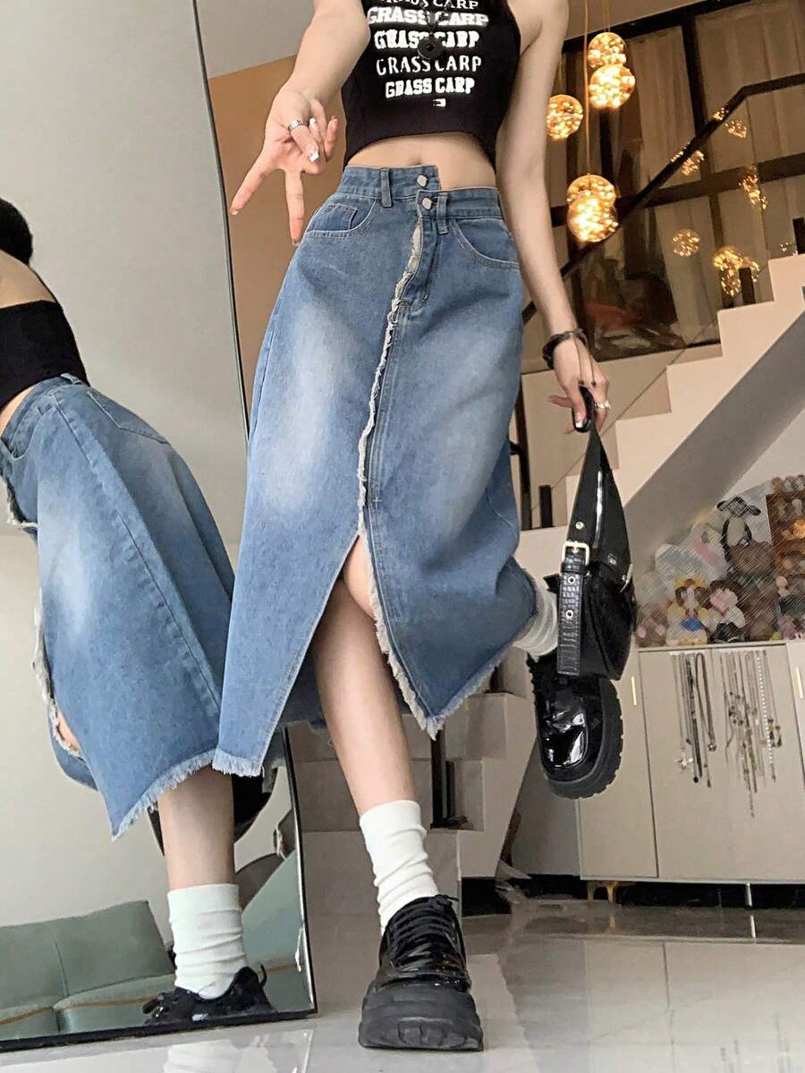 High Waist Asymmetrical Slit Denim Skirt, Slimming Frayed Hem Long Skirt For Women - Blue - View 1