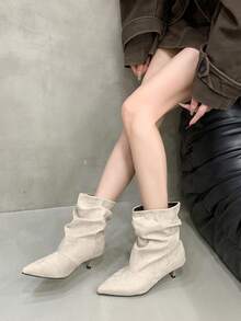 Women's Brown Pointed Toe Pleated Ankle Boots, Suede Mid-Calf Boots With Kitten Heels, Autumn/Winter 2025 - Beige - View 3