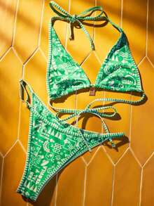 Bộ 2 bộ đồ bơi bikini hở lưng gợi cảm họa tiết hình học thanh lịch dành cho nữ, kỳ nghỉ ở bãi biển - màu xanh lá - Xem 2