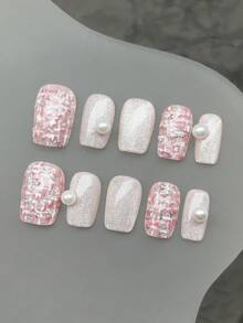 10片/套 手工亚克力按压式美甲贴片，短方形美甲，珍珠装饰美甲，猫眼假指甲，Y2K美甲，适合秋冬季节，按压式短指甲，粉色美甲，可爱美甲，可卸假指甲，美甲用品，适合派对、舞蹈、日常佩戴、学生派对、角色扮演，可重复使用，附赠果冻胶和指甲锉，DIY美甲用品 - 彩色 - 查看 3