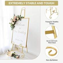 46.5" Gold Easel Stand For Wedding Signs, Adjustable Welcome Sign Stand With Chain Support, Heavy Duty Metal Floor Easels For Art, Posters, Paintings, Pictures, Floor Décor  Adjustable Sign Holder Stand, 3-Level Height & Angle Metal Easel For Wedding Welcome Sign, Photo Frame Display, Heavy Duty With Non-Slip Base For Indoor/Outdoor Events, Art Exhibition, Cafe Promotion - 金色 - 查看 5