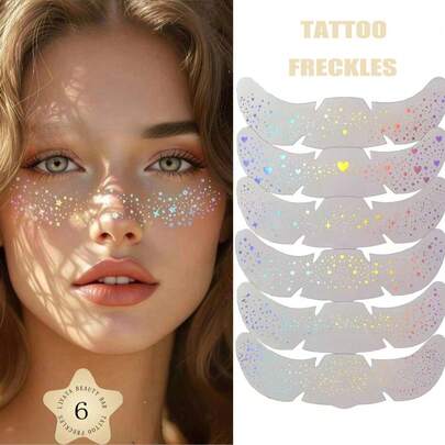 6 piezas de pegatinas temporales de tatuajes de pecas con brillo holográfico, pegatinas de puntos de brillo brillante y a prueba de agua para el Body, pegatinas de estrellas con brillo, accesorios de maquillaje para fiestas y festivales