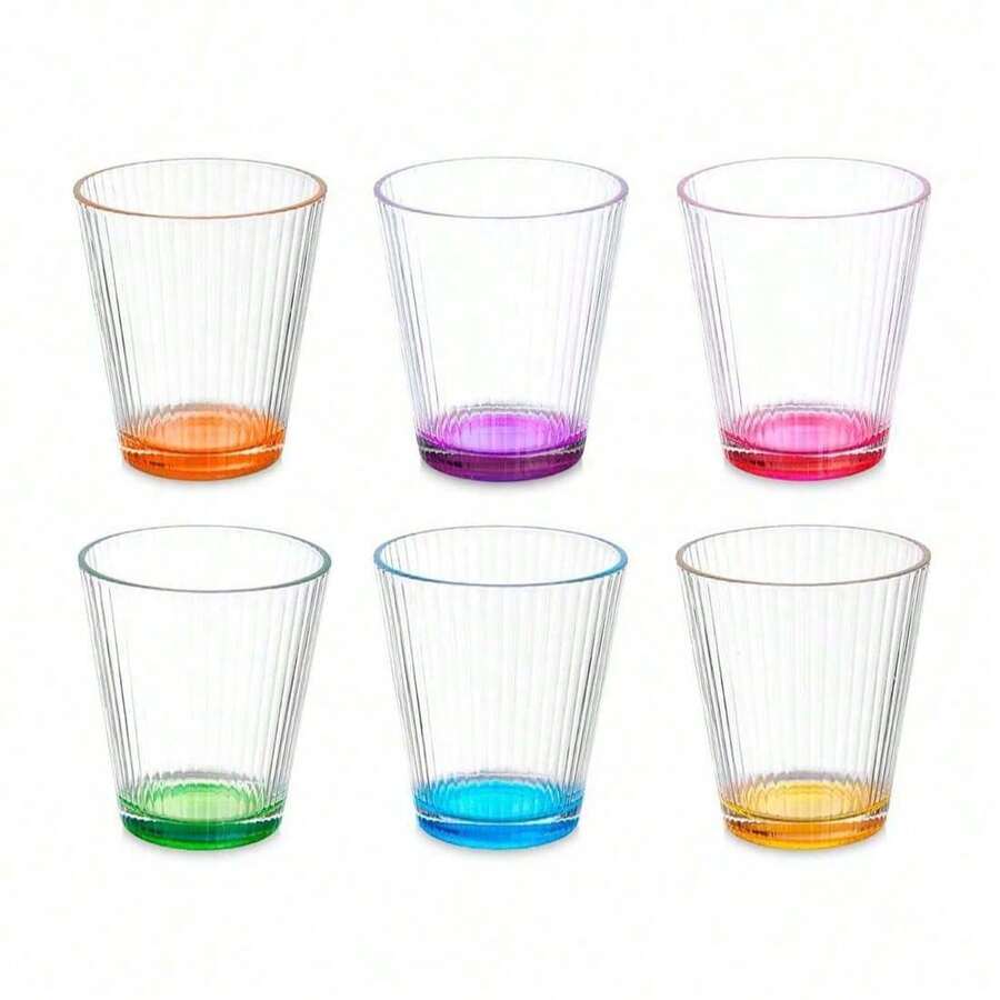 CLICKYA - Pack de 6 Vasos de Cristal con Base Coloreada, Aprox ø9,29x9,29cm, Ideal para Agua, Refrescos, Cerveza,310ml - Raya - Ver 1