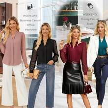 Women Business Casual Tops Sheer Lace Long Sleeve Blouses Work Office Pleated V Neck Shirt Fall Formal Outfits - Peacock Blue - 查看 6