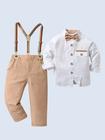 BOARNSEORL Baby Boys' Gentleman Outfit 2-Piece Set: White Short Sleeve Shirt With Bow Tie And Khaki Suspender Pants, Elegant And Handsome, Suitable For Birthday Party, Valentine's Day, Formal Events