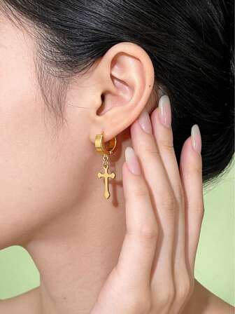 1 Pair Classic Minimalist Gold-Plated Metal Cross & AAA+ CZ 18G/20G/16G Piercing Dangle Earrings For Women - Ideal For Daily Wear, Religious Occasions & Holiday Gifts