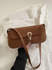 时尚纯色亮面不对称腋下单肩包，百搭优雅简约翻盖手提包，适合购物、收纳钱包，适合年轻女性、大学生、职场新人、上班族女性。也适合办公室、大学、工作、商务、通勤、户外活动、旅行和外出等场合。 - 棕色 - 查看 4