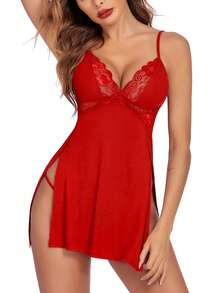 Lingerie For Women Lace Chemise Side Slit Nigtgown Sleepwear Sexy Nightdress - 紅色 - 查看 5