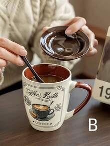 1个带盖勺子的陶瓷咖啡杯，适用于拿铁、摩卡、卡布奇诺等咖啡，复古美式咖啡拿铁杯，法式复古早餐牛奶燕麦杯，适用于餐厅、客厅、咖啡馆等场所。 - 彩色 - 查看 3