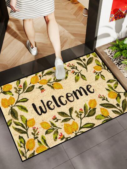 1pc Spring Lemon Leaf "Welcome" Pattern Doormat, Farmhouse Style Polyester Fiber Washable Rug For Living Room, Kitchen, Bedroom, Entryway, Home Decor, Suitable For All Seasons