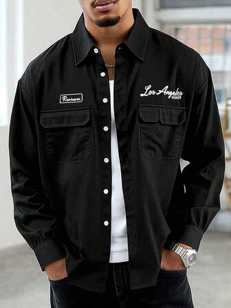 Camisa de manga larga de estilo retro americano casual de trabajo, con cuello de solapa, botones de contraste y estampado en negro, adecuada para ocasiones de primavera/otoño, unisex