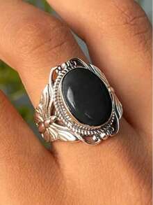 1pc Elegant Leaf-Shaped Butterfly Ring, Bohemian Style Faux Turquoise Silver-Tone Metal Ring For Women, Suitable For Daily Wear, Party, Birthday Gift - Antique Silver - View 10