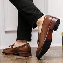 英伦风乐福鞋，男士复古棕色商务正装鞋，时尚流苏小皮鞋，木质鞋跟，低帮男士皮鞋，派对鞋 - 棕色 - 查看 9