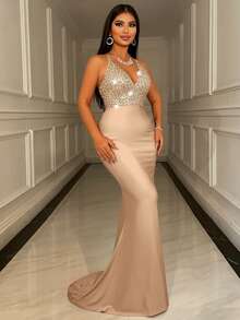 CHOSMO New Sequin Backless Spaghetti Strap Red Wedding Dress, Elegant And Luxurious, High-Waisted Slim Fit Long Style, Suitable For High School Graduation Prom