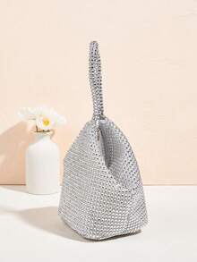 Bolso cubo de negocios casual ligero con decoración de rhinestones, diseño de cordón, embrague transparente con perlas de imitación, bolso de fiesta, encantador, elegante, bolso de rhinestones discretamente lujoso, adecuado para chicas de fiesta, damas, novias, perfecto para fiestas, galas/banquetes, vestidos de fiesta de Navidad, bolso encantador de rhinestones - Plateado - Ver 6