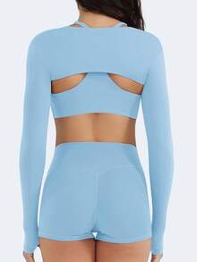 Women Crop Top Long Sleeve Bolero Open Front Workout Cropped Shirts Sports Shrug - Airy Blue - View 5