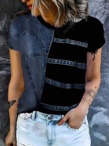 Women's Fashion Two-Piece Denim Top - Western Style Round Neck Shirt, Elegant Streetwear, Suitable For Casual And Formal Outfits - All-Season Women's Fashion Clothing, Versatile Clothing, Fashionable Design, High-Quality Stitching, Fashionable Clothing, Women - 混合色 - 查看 4