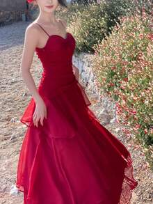 Spring/Summer Elegant Red Spaghetti Strap Dress French Chic Asymmetrical Ruffles Waist Slimming A-Line Dresses Suitable For Valentine's Day, Party & Wedding Guest - Red - View 6