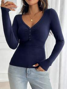 GAOVOT Women's Y2K Casual Everyday Sexy Blue Fitted Long Sleeve V-Neck Top, Suitable For Valentine's Day - Blue - View 7