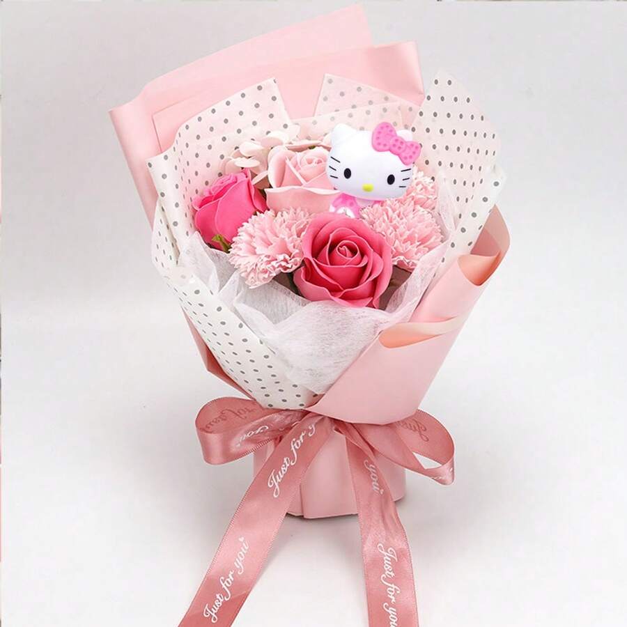 Sanrio Holding Flower, Cute Cartoon Hello Kitty Holding Flower, Valentine's Day Gift, Hello Kitty Artificial Rose Flower Bouquet, Souvenir, Birthday, Graduation, Teacher's Day Gift - Multicolor - View 1