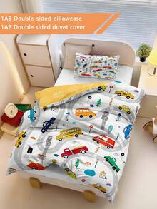 儿童卡通汽车主题床上用品套装（1件套），双面印花（1个单面印花枕套+1个双面印花被套），适合幼儿园/托儿所使用。数码印花可爱图案被套，儿童被套和枕套，适合幼儿、婴儿、儿童。采用90克涤纶面料，透气亲肤。足球图案被套，适合儿童、男孩和女孩。 - 彩色 - 查看 2