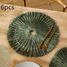 2pcs/4pcs/6pcs Handmade Woven Round Placemats With Tassels, Rustic Style Plate Mats, Wall Decor, Durable Non-Slip, Suitable For Party, Wedding, Outdoor Dining - Green - View 6