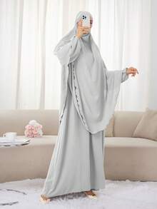 2pcs Set (Khimar + Abaya) Solid Color Muslim Prayer Outfit, Convenient Zipper Long Robe Abaya With Matching Hijab Headscarf, Casual Outdoor Essential Fashion Prayer Jilbab, Women's Abaya Robe, Abayas For Muslim Women - Multicolor - View 9