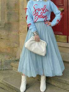 Pullover in Große Größen für Damen im koreanischen Stil, blau, Rundhalsausschnitt, Langarm, mit Buchstabenmuster und Schleifen-Dekoration, süß und lässiger Schul-Stil - Verschiedenfarbig - Übersicht 2