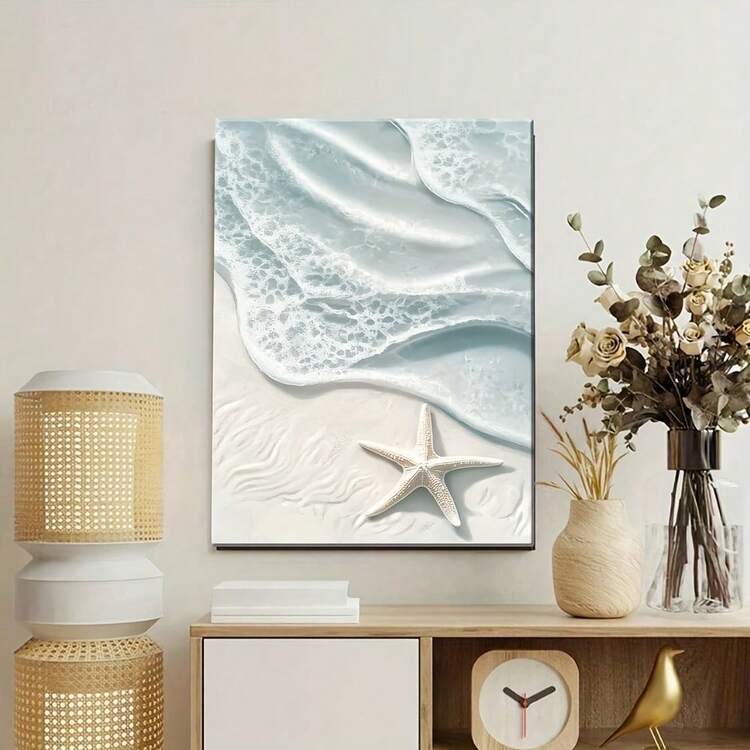 Art, ondas de playa 2D, arte en lienzo con marco de madera, blanca serena y decoración de pared oceánica turquesa para sala de estar, dormitorio u oficina, decoración temática de playa, 2D plana - Multicolor - Añade 1