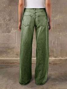 新款时尚女式直筒牛仔裤，舒适弹力，高品质，春季休闲时尚单品 - 軍綠色 - 查看 4