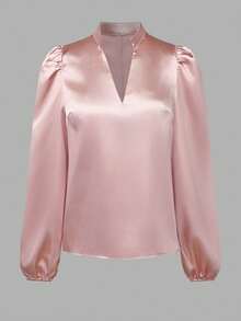 Blusa de satén con cuello en V y mangas abullonadas, corte regular, nuevo estilo para primavera/otoño - Rosa - Ver 3