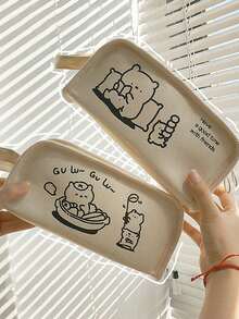 1 pieza Estuche de lápices de lona con diseño de oso lindo, caja de lápices con cremallera, bolsa de almacenamiento de gran capacidad, organizador de papelería, útiles escolares