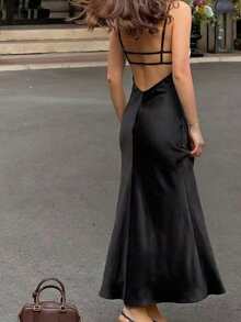 女士夏季时尚缎面无袖性感连衣裙派对黑色优雅 - 黑色 - 查看 9